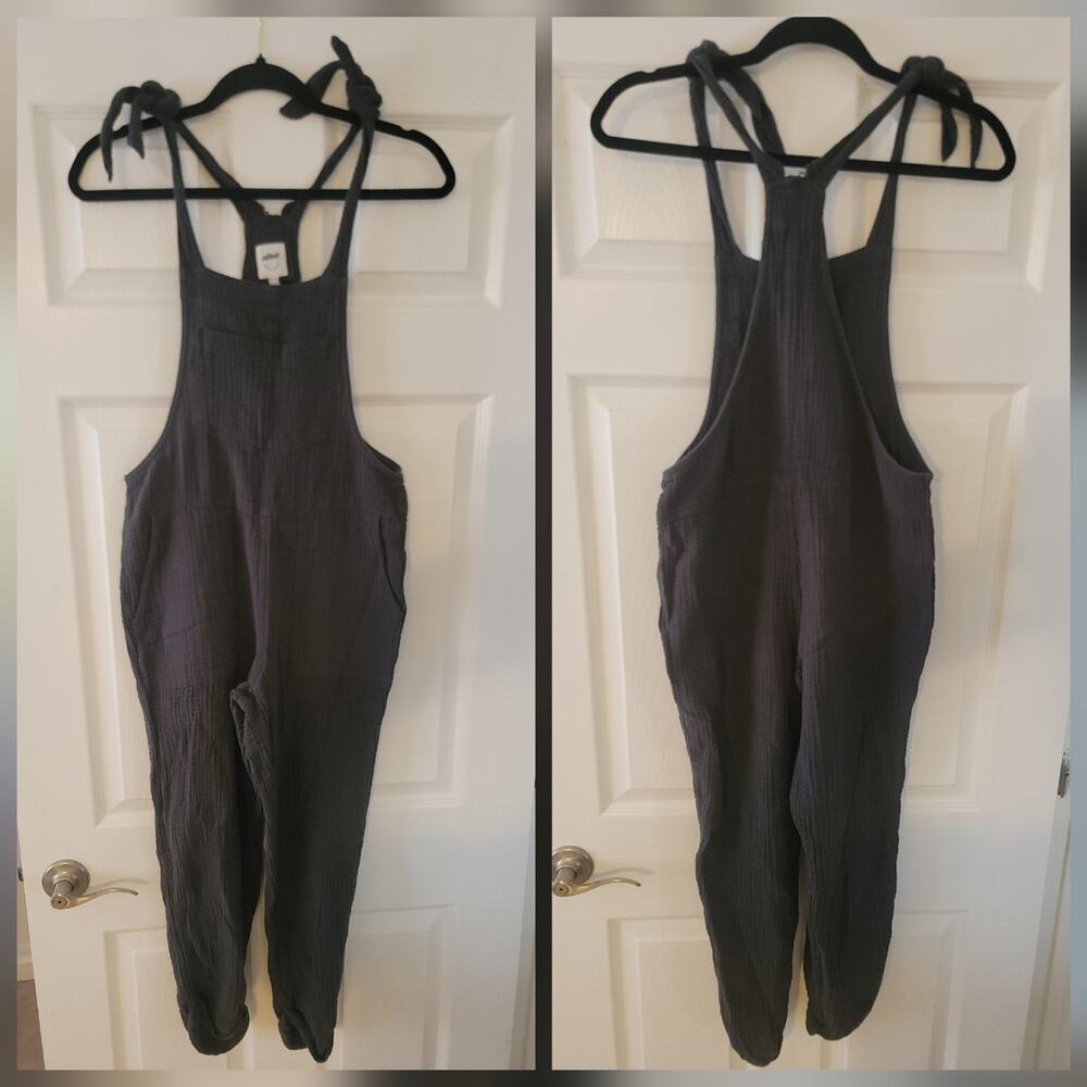 Aerie Overalls Sz XS Tie Straps Slim Straight Gauze Beachy Boho Gray Jumpsuit